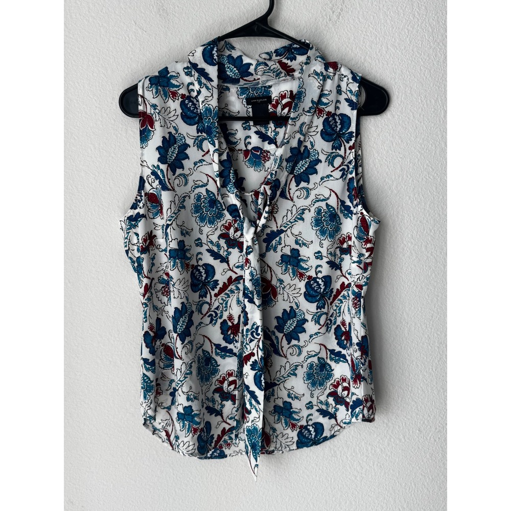 Ann Taylor Floral Tie Neck Sleeveless Blouse White Blue Burgundy Small